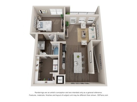 Floor plan for 1 bed, 1 bath, 923 sqft